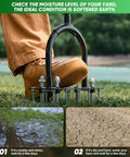 Manual Lawn Aerator Tool With 15 Iron Spikes Adjustable Height And Double Layer Spring Heavy Duty Iron Construction in use