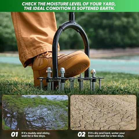 Manual Lawn Aerator Tool With 15 Iron Spikes Adjustable Height And Double Layer Spring Heavy Duty Iron Construction in use