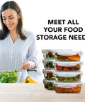 Woman with 16 Piece Glass Meal Prep Set With 8 Containers Each 30 Oz, Lids Included, Airtight And Leak Proof, BPA Free, Meal Preps