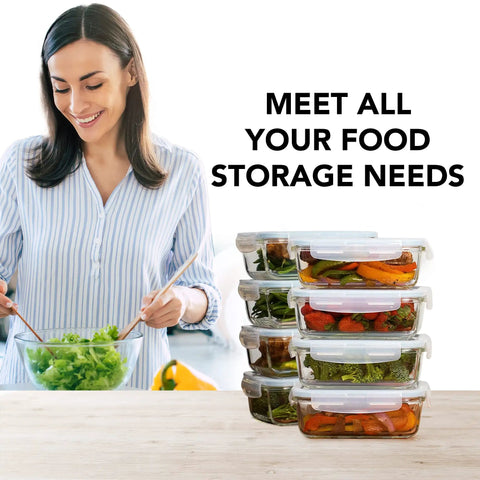 Woman with 16 Piece Glass Meal Prep Set With 8 Containers Each 30 Oz, Lids Included, Airtight And Leak Proof, BPA Free, Meal Preps
