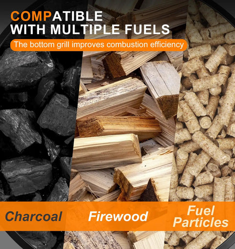 Image of charcoal, firewood, and fuel particles to use with 23 Inch Cast Iron Round Fire Pit With Grill And Flat Lid 3 In 1 Outdoor Fire Bowl Table