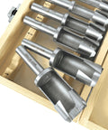 Heavy Duty Forstner Bit Set Six Piece Woodworking Plug Cutters High Speed Carbon Steel drill bits in solid wooden storage box.