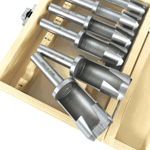 Heavy Duty Forstner Bit Set Six Piece Woodworking Plug Cutters High Speed Carbon Steel drill bits in solid wooden storage box.