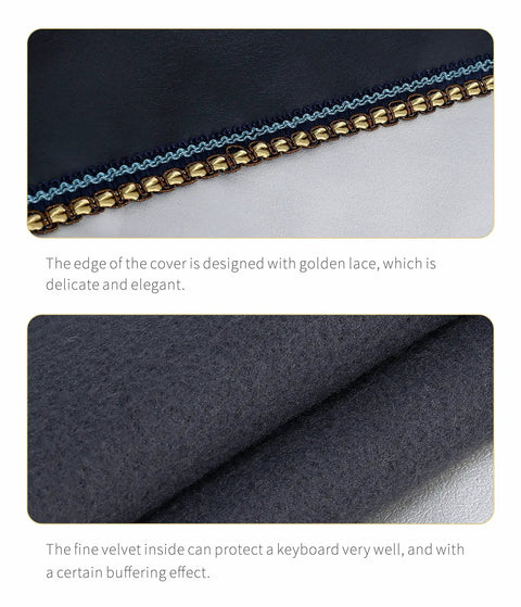 Close-up of fine velvet and golden lace details on Piano Keyboard Dust Cover With Music Stand And Zipper Opening for Yamaha 88 keys.