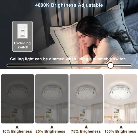 Flush Mount Crystal Ceiling Light With K9 Crystals, Modern Round LED Fixture In 4000K Daylight showcasing dimmable brightness