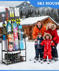 Freestanding Heavy Duty Ski And Snowboard Rack For Garage Storage Holds Four Full Sets Of Gear with colorful skis and boots.