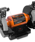 Eight Inch Bench Grinder Powered By A Beefy Four Point Eight Amp Motor Hitting 3450 RPM, features adjustable eye guards and LED lights.