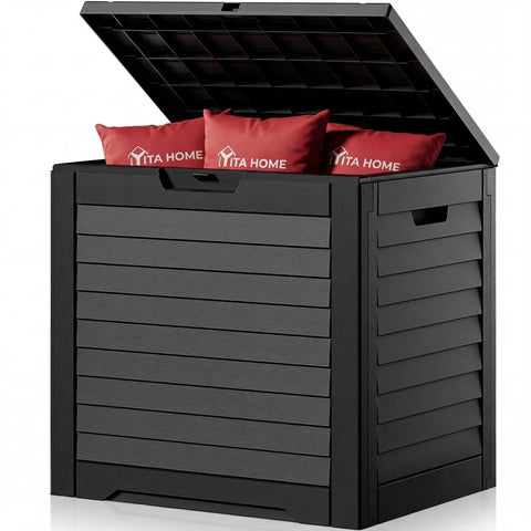 Beefy 35 Gallon Outdoor Storage Box Waterproof Resin Deck Box With Lockable Lid For Patio Cushions Pool Accessories Garden Tools Black Weatherproof Storage Chest For Packages And Outdoor Gear with open lid showing red cushions