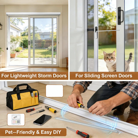 Man installing V6 Door Spring For Screen Door Sixteen Inches Long Half Inch Wire Diameter Galvanized Steel Closure Spring