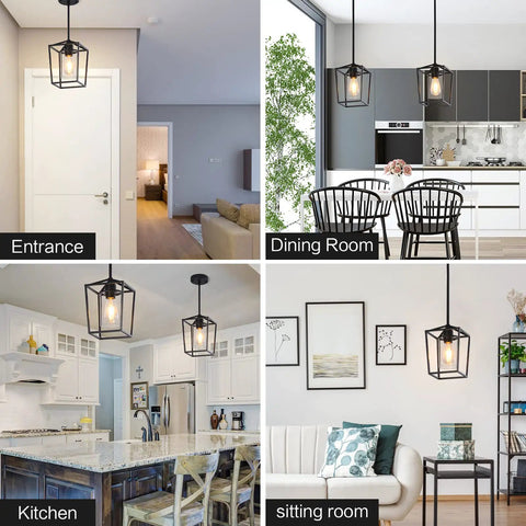 Height Adjustable Black Iron Cage Farmhouse Pendant Light With Clear Glass Shade For Kitchen Island Dining Room