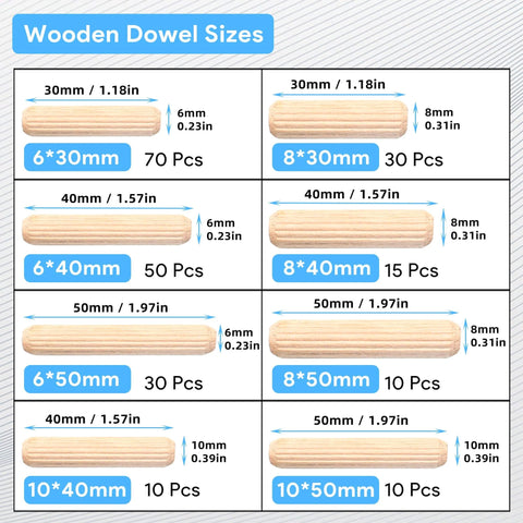 Fluted Wood Dowels Kit 225 Pcs Hardwood Dowel Pins Set with eight size chart showing dimensions and quantities for woodworking and DIY.