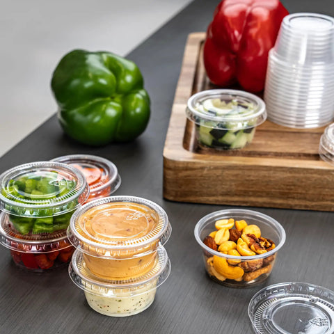 No Fuss Grab And Go Disposable Plastic To Go Cup Set With Tight Snap Lids Mini Two Ounce Fifty Pack Bpa Free Spill Proof Sauce Condiment And Jello Shot Containers For Tailgates