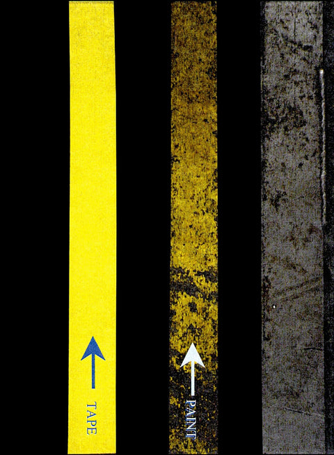 Vinyl Floor Marking & Protective Tape, High-Visibility Yellow, 1/4 in x 36 yd, 5.2 mil, Rubber Adhesive shown with worn surfaces