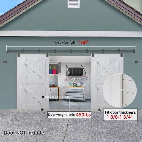 Exterior Barn Door Hardware Kit For Outdoor Use 14FT Sliding Barn Door Hardware Track Kit Heavy Duty For Double Doors Wall Mount Black Finish Galvanized Steel Rust Proof Outdoor Grade With 50000 Cycle Testing installed on garage