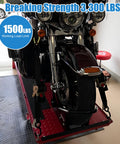 Motorcycle secured on platform with Two Pack 2 Inch Retractable Ratchet Straps With Storage Bag, 15 Ft, 3,300 Lb Break Strength