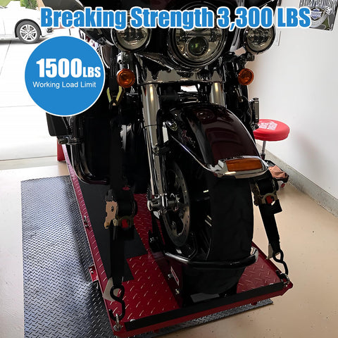 Motorcycle secured on platform with Two Pack 2 Inch Retractable Ratchet Straps With Storage Bag, 15 Ft, 3,300 Lb Break Strength