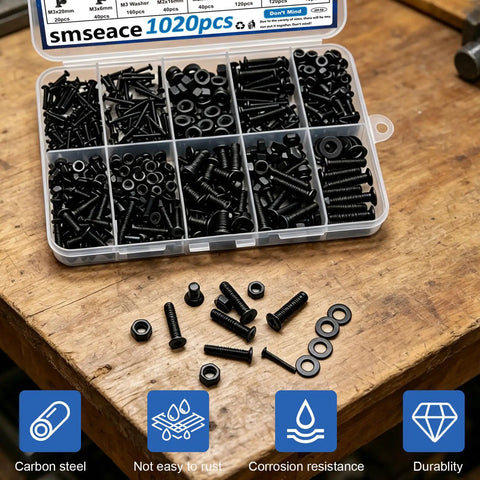 1020 Piece Black Nuts and Bolts Set with 21 Sizes M2 M3 M4 M5 Phillips Flat Head Screws Nuts Washers in box