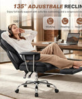 Woman relaxing on Big And Tall Leather Office Chair With Footrest For All Day Comfy Support, high back, in reclining position.