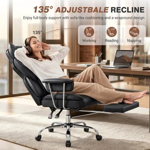 Woman relaxing on Big And Tall Leather Office Chair With Footrest For All Day Comfy Support, high back, in reclining position.