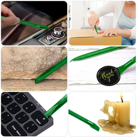 Collage of Nine Piece Plastic Scraper Tool Set for Scratch Free Crevices and Sticker Removal used in various cleaning tasks.