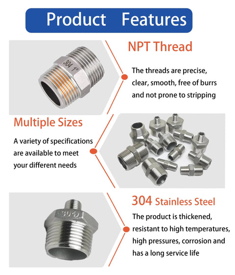 POTONZ 3/8in NPT male-to-male stainless steel hex nipple fittings, 304 SS, pack of 2 with PTFE tape