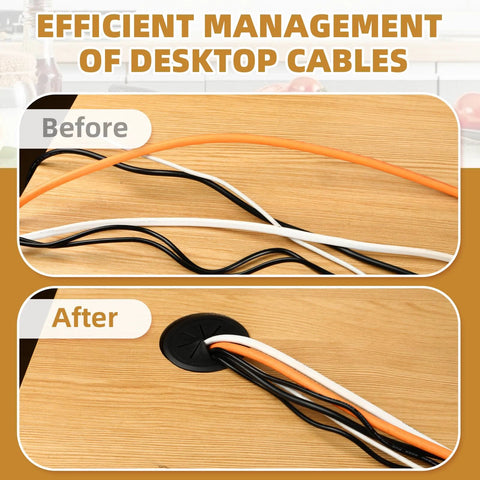 Two Piece Desk Grommet Set In Black ABS Plastic For Cable Management showing before and after cable organization
