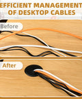 Two Inch Desk Grommet Set White ABS Plastic Cable Hole Covers With Hole Saw For Wires Through The Countertop Eight Piece Pack Built For Quick Cleanup And Smooth Cable Management On Your Desk Perfect For Home Office And Workshop Setups With Easy Install on a wooden desk showing before and after cable management