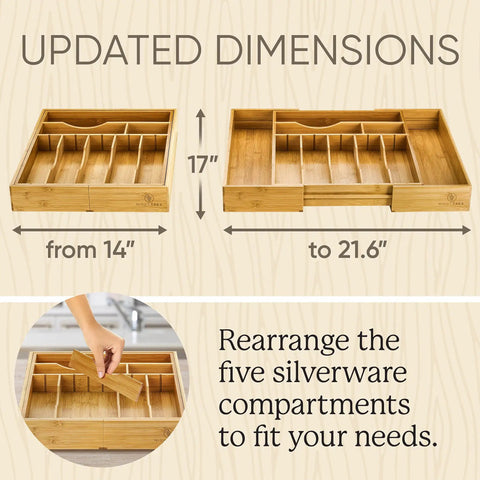 Extra Deep Silverware Drawer Organizer With Adjustable Dividers Expands From 14 To 21.6 Inches Bamboo Flatware Tray