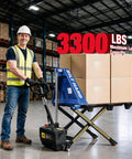 Heavy Duty Semi Electric High Lift Scissor Pallet Jack 3300 Lbs Capacity with boxes in warehouse setting.