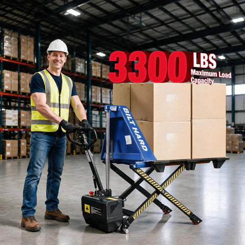 Heavy Duty Semi Electric High Lift Scissor Pallet Jack 3300 Lbs Capacity with boxes in warehouse setting.