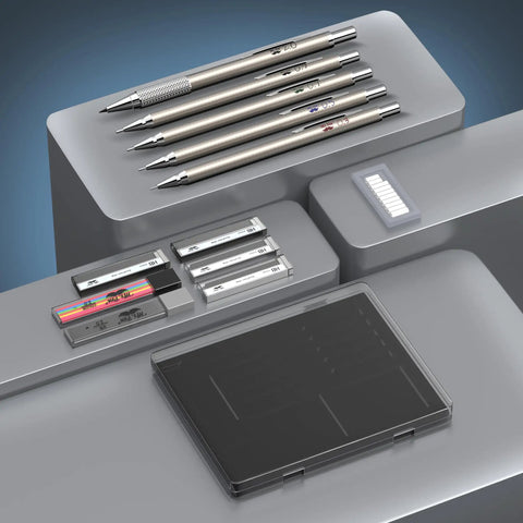 All Metal Mechanical Pencil Set Built For Drafting And Sketching With Five Lead Sizes 0.3 0.5 0.7 0.9 And 2.0 mm Pro Grade on display