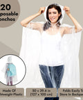 One Size Clear Hooded Disposable Rain Ponchos For Adults Bulk Pack shown worn by model, transparent plastic poncho, 20-pack.
