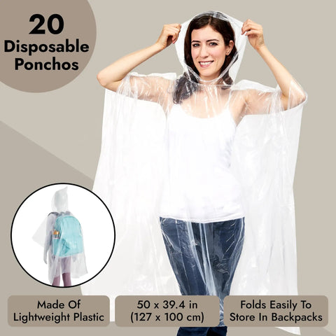 One Size Clear Hooded Disposable Rain Ponchos For Adults Bulk Pack shown worn by model, transparent plastic poncho, 20-pack.