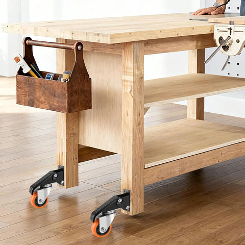 Wooden workbench with 3 inch retractable caster wheels set of 4 heavy duty 800 lb capacity no noise polyurethane swivel casters for tables