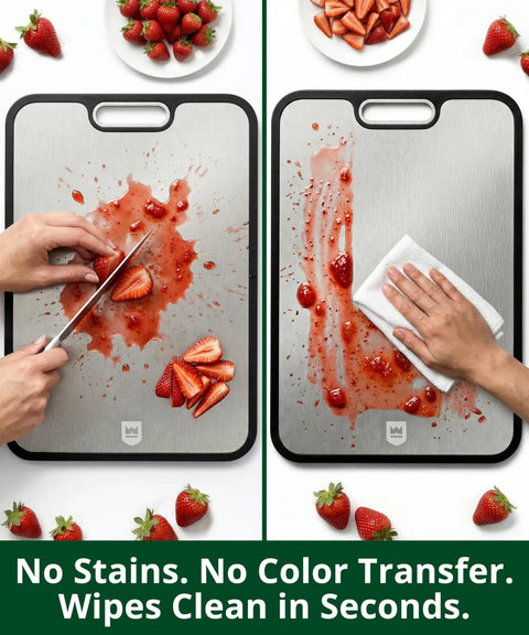 Massive Double Sided Cutting Board With Deep Juice Groove Hella Tough Titanium And Food Grade Plastic Prep Side For Steaks Cheese Produce Kitchen Chopping Tray, 15x10 inch, showing cutting strawberries and easy cleaning.