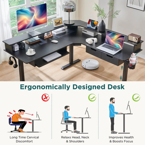 60 Inch L Shaped Electric Standing Desk With Height Memory in carbon fiber black, featuring drawers and LED RGB lights, set in office.