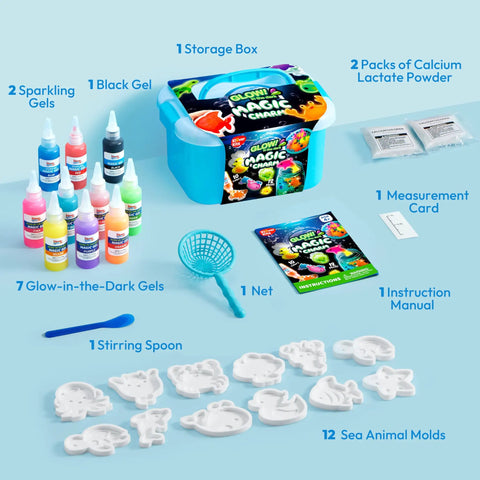 Glow In The Dark Water Gel Kit For Kids With Ten Gels Twelve Sea Creature Molds Preserving Bottle And Sparkle Gels For A DIY STEM Arts And Crafts Fun Toy Set displayed with contents.