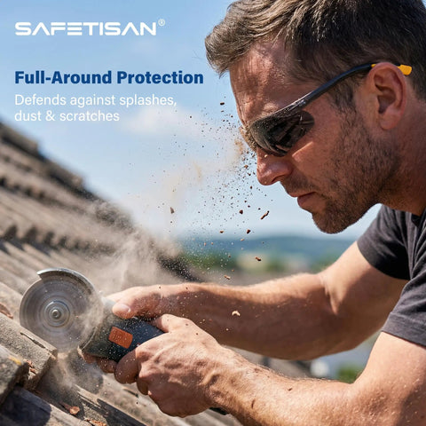 Top Shelf Tinted Safety Glasses 24 Bulk Pack With Ansi Z87.1 Rating And Kickass Uv Protection For Hard Shift Construction Crews Smoke Grey Impact worn by worker cutting roof tiles.