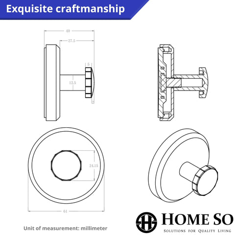 Technical drawing of 2-Pack Suction Cup Hooks For Shower And Bathroom No Drilling Towel Holder with dimensions