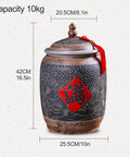 Top Shelf Ceramic Rice Storage Jar With Wooden Base Stand, 42CM tall, features elegant Chinese pattern design.