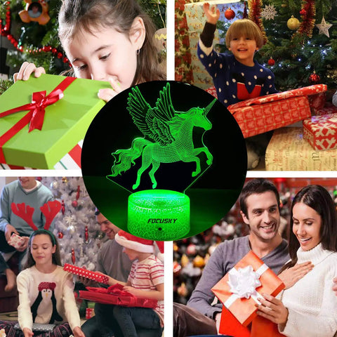 Unicorn Night Light Lamp With 16 Colors, Touch And Remote Control, glowing with green light surrounded by children opening gifts.