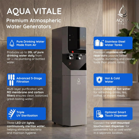 Atmospheric Water Generator A20L Delivers Up To 20 Liters Of Fresh Water Per Day From Air With Next Level Multi Stage Filtration, shown in an office setting.