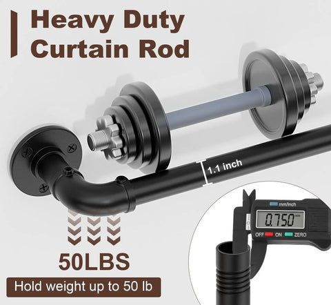 Beefy Black Curtain Rods For Windows 66 To 120 Inches, 1 Inch Rustic Pipe, adjustable, industrial design with weight capacity shown