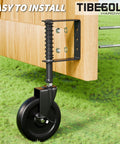 5 Inch Spring Loaded Gate Caster With Side Brake For Outdoor Wooden Gates And Fences, Heavy Duty Wheel With 360 Degree Swivel, Anti Sag Gate Kit, 220 Lb Capacity, Black, 1 Pack installed on wooden gate