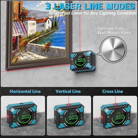 3 In 1 Laser Level With Digital Angle Finder For Hanging Frames And Pictures, DIY Projects, And Wall Alignment shown on wall