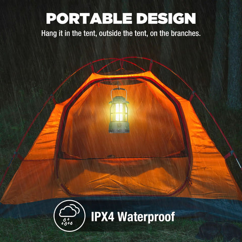 LED Camping Lantern With USB C Rechargeable Battery Stepless Dimming Vintage Portable Light hanging in tent in rain