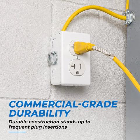 Built Tough 20 Amp Tamper Resistant Duplex Receptacle Outlet 10 Pack on wall with yellow power cord connected.