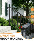 Built Like A Tank Black Wrought Iron Outdoor Stair Handrail Adjustable For Four Or Five Steps With Full Hardware Kit For Easy Porch Deck Concrete Install, installed on outdoor steps.