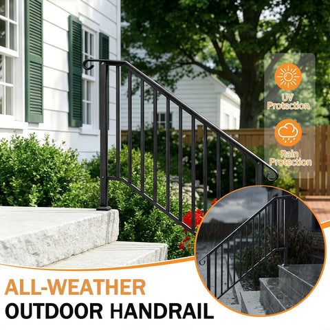 Built Like A Tank Black Wrought Iron Outdoor Stair Handrail Adjustable For Four Or Five Steps With Full Hardware Kit For Easy Porch Deck Concrete Install, installed on outdoor steps.