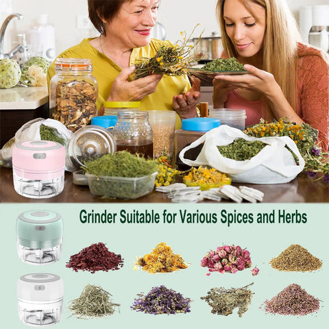 Handy 3.5 Inch Electric Herb Grinder With Brush And Scoop Cordless Usb Rechargeable Food Chopper For Spices Garlic Bpa Free, herbs being prepared
